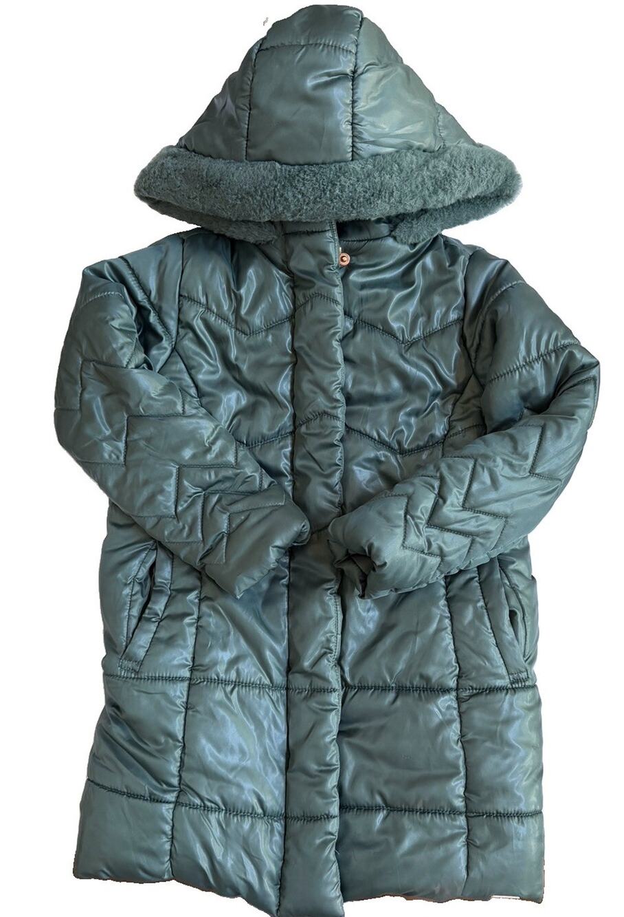 Tahari Girls Winter Parka Long Coat Size 5 Lined Faux Fur Hood Sage Green
